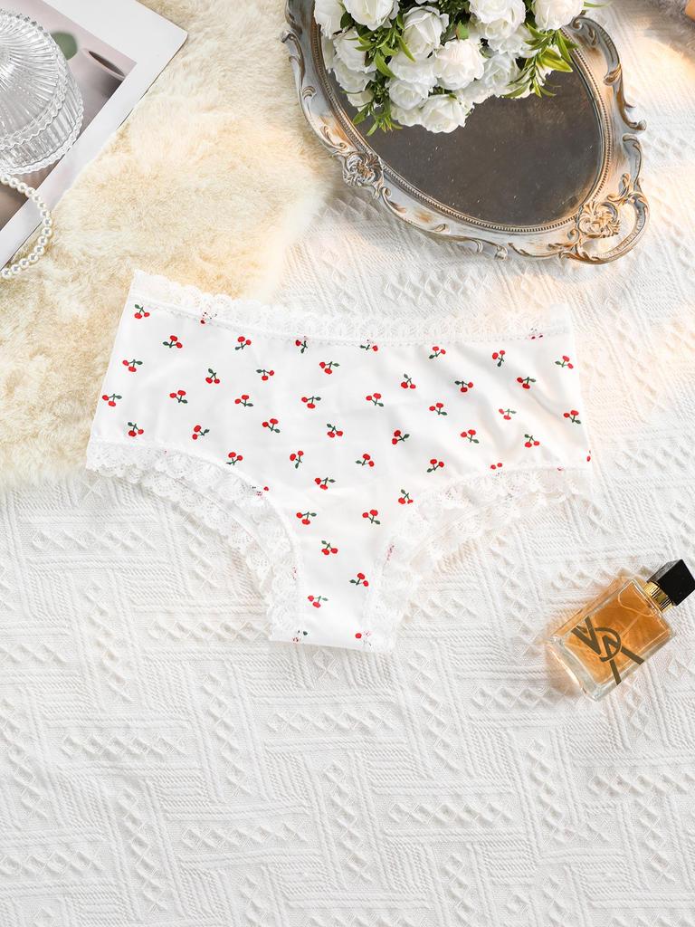 Женские бесшовные хлопковые трусы с принтом вишни и кружевной отделкой - Треугольная модель, не задираются