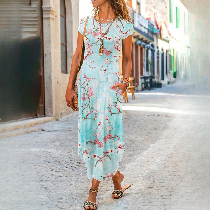 QICED Женская мода лето весна однотонный принт с коротким рукавом и круглым вырезом с высокой талией повседневные платья