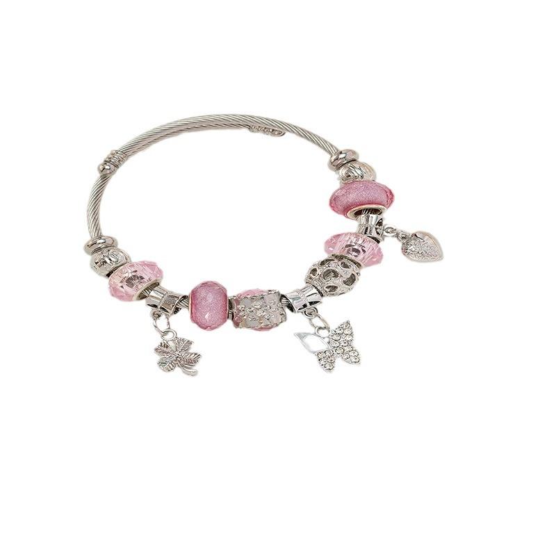Handmade Beaded Bracelet Leaf Butterfly Pendant Alloy Charms Crystal Rhinestone Wristband for Women Girls