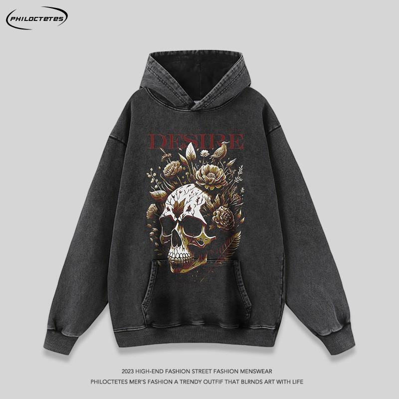 Oversized Skull Print Hoodie Men Women Streetwear Casual Long Sleeve Cotton Sweatshirt