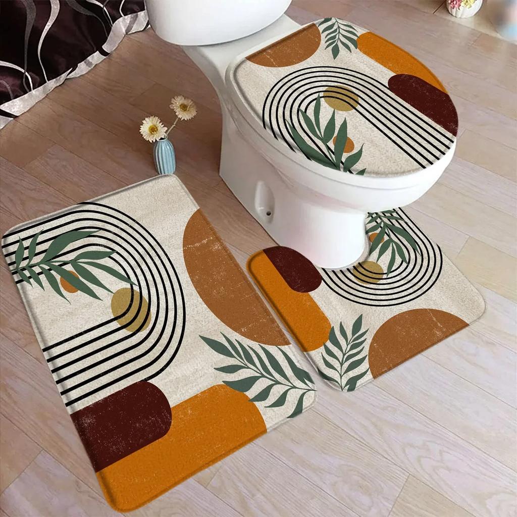 Abstract Mid Century Bath Mat Set Black Line Green Leaf Modern Geometric Boho Home Carpet Bathroom Decor Floor Rugs Toilet Cover