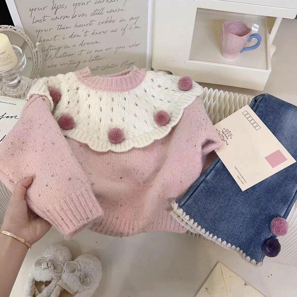 Girls' Sweet Warm Sweater & Fleece Jean Set - Long-Sleeved, Cozy Two-Piece for Autumn and Winter