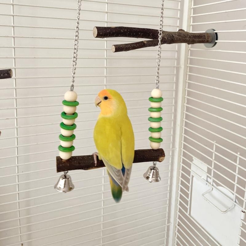 Bird Perches Chewing Toy Birdcages Standing Swing Small Medium Bird Cage Wood Swing with Bells Exercise Perches for Conures