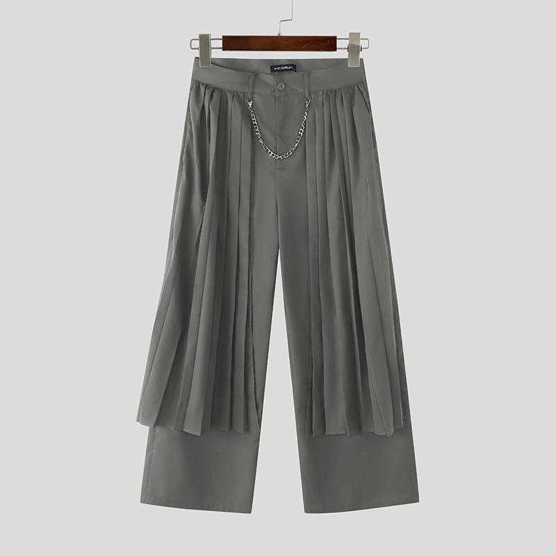 INCERUN Мужские брюки с молнией спереди, многослойные, однотонные, повседневные, длинные, плиссированные