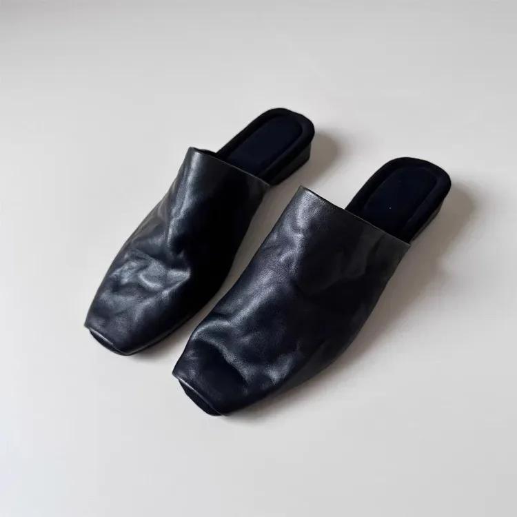 Ретро Мюли с квадратным носком Женские летние для улицы Французские повседневные сандалии на плоской подошве Новая мода 2025 Резина Улучшенная версия