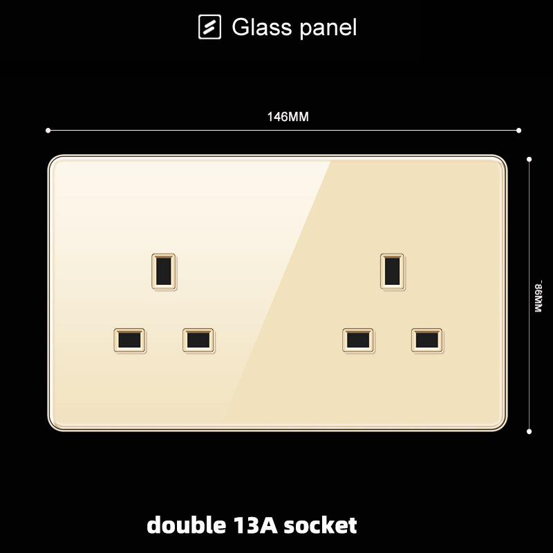 Hong Kong & Macau 13A British Socket with USB Fast Charging, Type-C, Gold Glass Panel, Three-Hole Square Pin