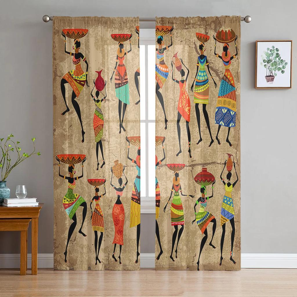 Ethnic Style African Women Black Women Sheer Curtains for Living Room Decoration Window Curtain Kitchen Tulle Voile Drapes