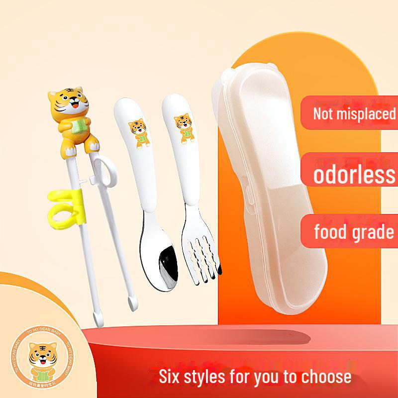 Детский мультяшный обучающий набор палочек для еды и столовых приборов: Ложка, вилка и палочки для еды из нержавеющей стали 304 для младенцев и мам.