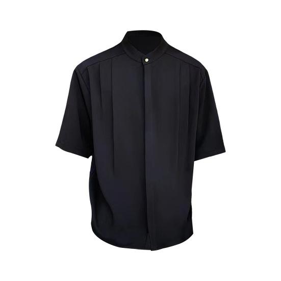 Мужская летняя рубашка с воротником-стойкой из ледяного шелка, сплошной цвет, плиссированный свободный крой, кардиган с половиной рукавов, средней длины, повседневный деловой зрелый мужской офисный топ