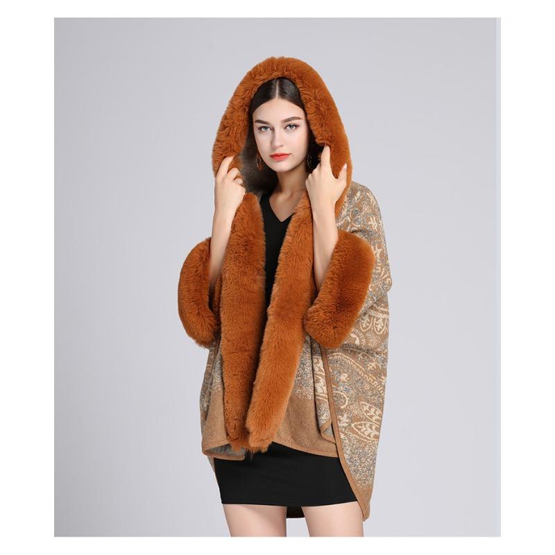 Зимняя женская шаль-накидка с меховым воротником, жаккардовым капюшоном, больших размеров, с рукавами семь восьмых, твидовый жакет-кардиган
