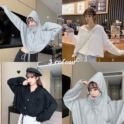 Толстовка новая модная куртка ins женская осенняя тонкая свободная корейский стиль короткая завязка длинный рукав топ