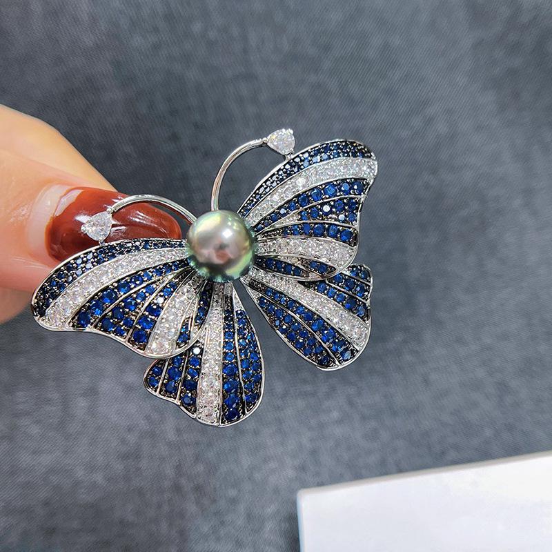 Luxury Gold-Plated Green Butterfly Brooch for Women - Pearl, Zircon Pin, Micro-Paved Design