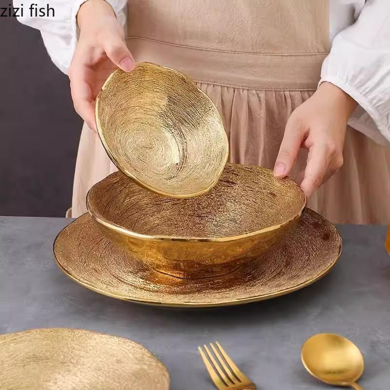 Матовая золотая керамическая тарелка для обеда, тарелка для стейка, тарелка для пасты, салатница, десертная миска, особая посуда для молекулярной кухни
