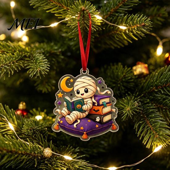 Holiday Party Decoration Halloween Reading Ghost Hanging Ornament, Acrylic Holding Book Pumpkin Festive Decorations Black Cat Mummy Decor, 2D Cartoon