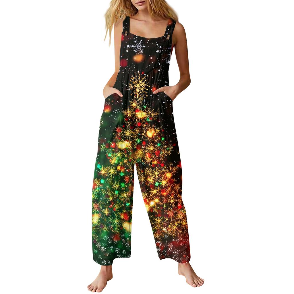 Women's Casual Christmas Printed Jumpsuit Sleeveless Printed Cotton Jumpsuit