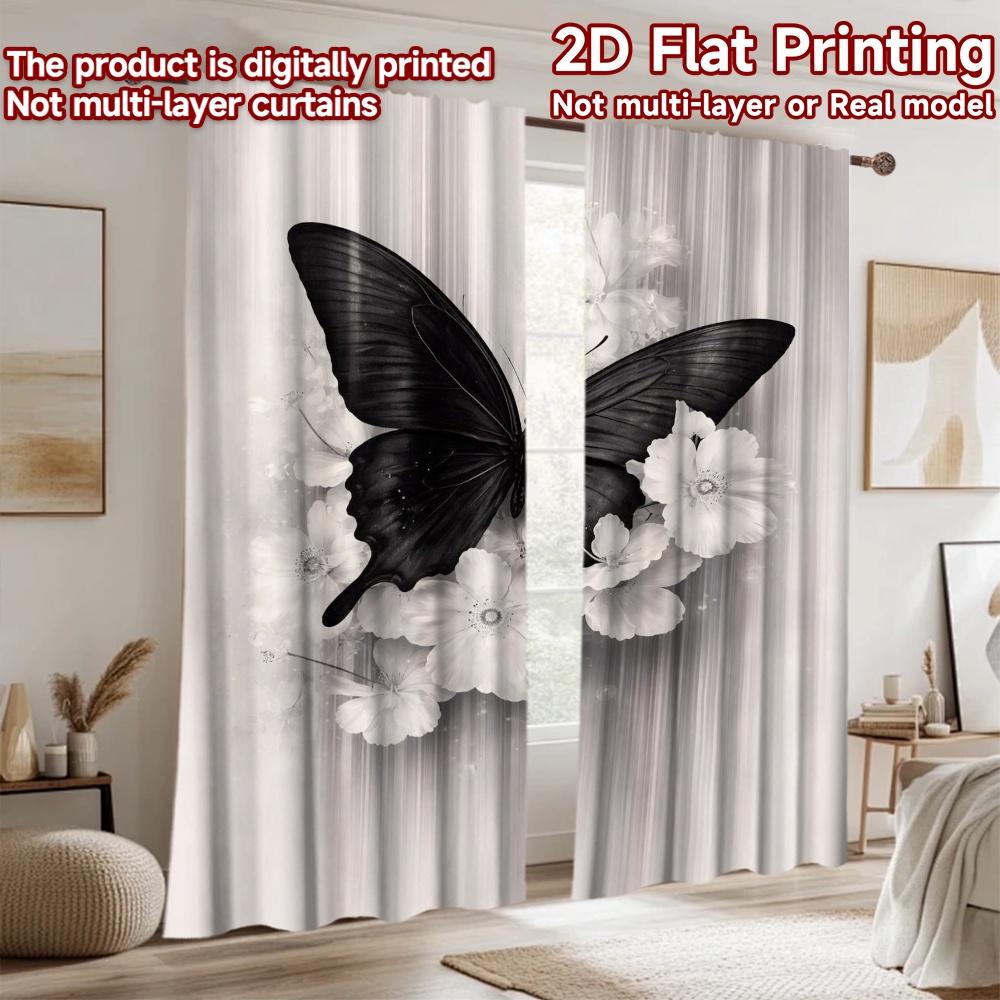 2D flat printing 2pcs Curtain Scene Curtain Butterfly on White Flowers Digital Printed Polyester Drapes Party Decorations for