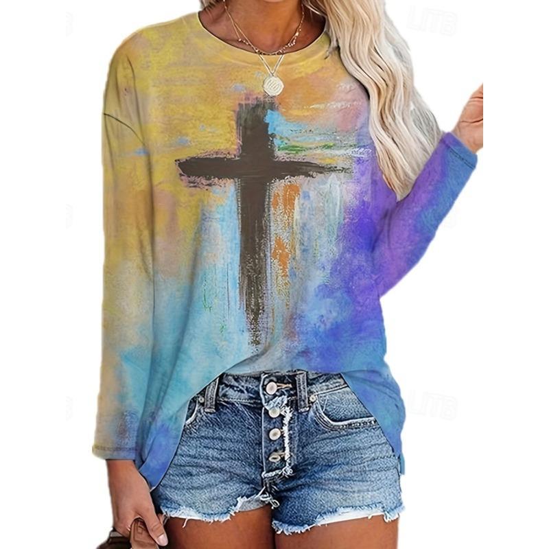 Fashion Women's T shirt 3D Print Faith Cross Graphic Casual Tee Holiday Fashion Long Sleeve T-shirt O-Neck Sweatshirt Pullover