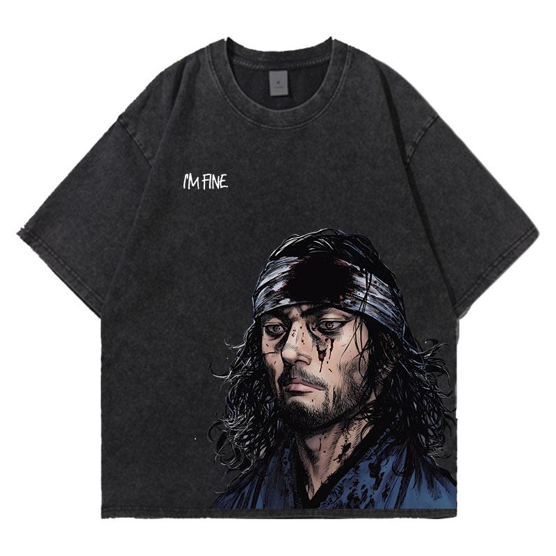 Аниме Футболки Vagabond с кислотной стиркой Мужские Винтажные Футболки с вываркой Оверсайз Хлопковая Футболка Хлопковая Мода Уличная Одежда Унисекс Топ