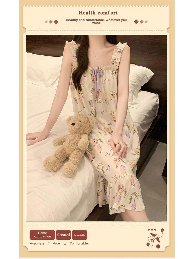 Women's Summer Pajamas - Cute Sweet Sling with Chest Pads, Medium/Long Loose Nightdress, Thin Home Wear