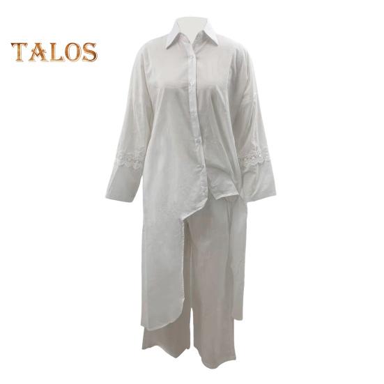 2 Pcs/Set Fall Spring Women Shirt Pants Set Long Sleeves Lapel Lace Cuff Button-down Irregular Hem Blouse Elastic Waist Trousers OL Commuting Sport