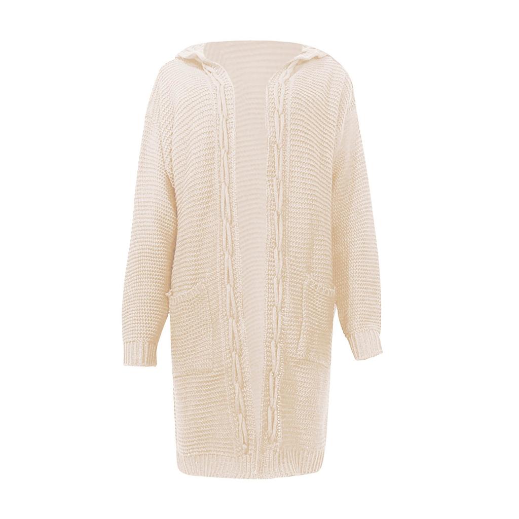 Женский осенне-зимний однотонный свободный вязаный свитер с карманом и капюшоном