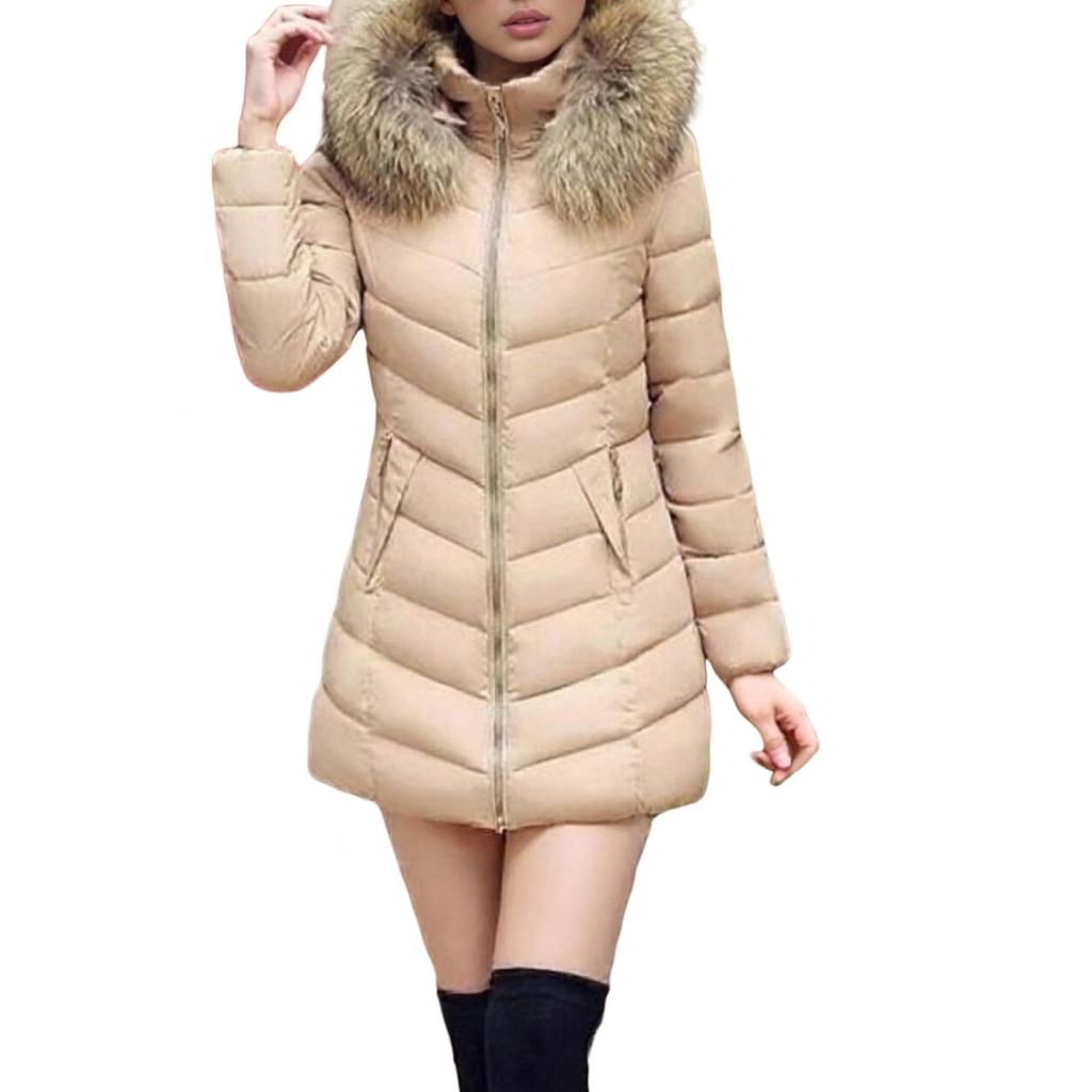 Women's Fashion Solid-Color Mid-Length Cotton Coat / Down-Filled Cotton Jacket / Thickened Slim-Fit Cotton Outerwear