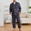 2Pcs/Set Men Pajamas Set Lapel Long Sleeve Single Breasted Tops Elastic Waist Long Pants Set Plaid Print Sleepwear
