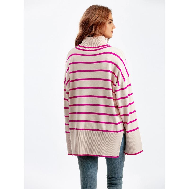 Осень Зима Женский Свитер Вязаный Свитер Пуловер Свободный Повседневный Полосатый Свитер с Воротником Гольф