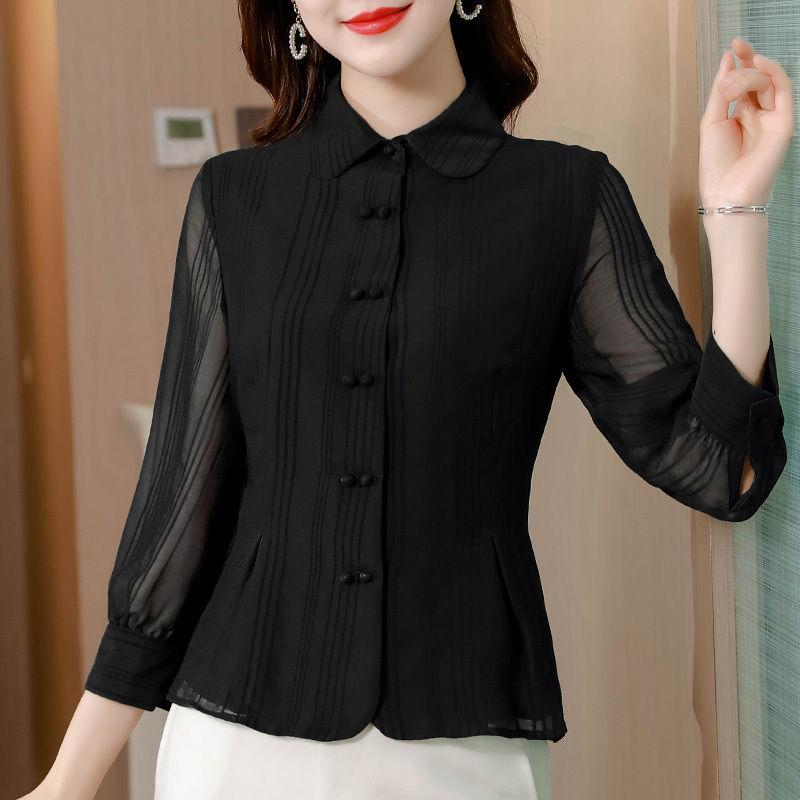 Рубашка, Женственный темперамент, Женская рубашка с застежкой на талии, Топ из шифона для среднего возраста