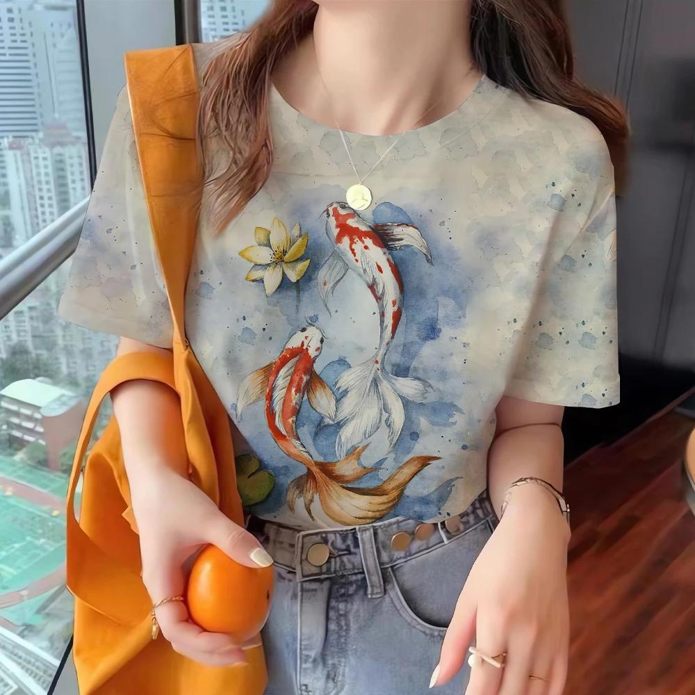 Women's Fashion T-shirt Summer Loose Short Sleeved Fish Pattern Clothing Round Neck Casual Top Trendy Printed Women's T-shirt