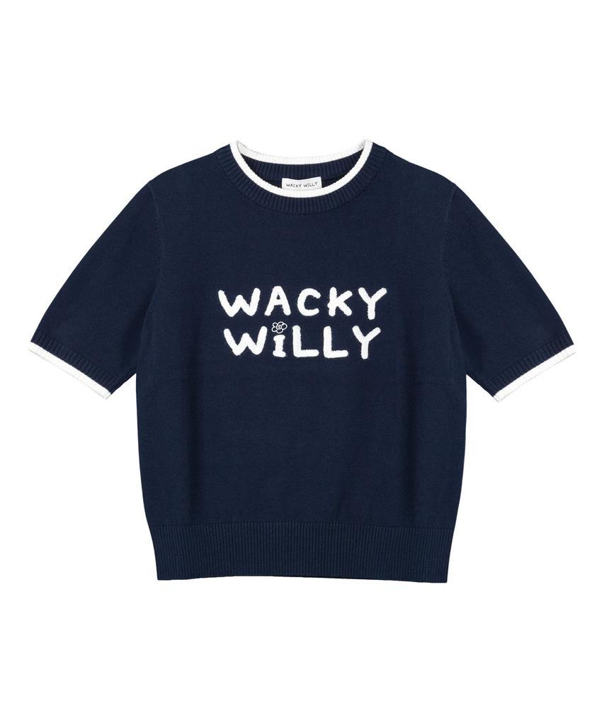 WACKY WILLY Women'S Typographic Logo Color Block Short Sleeve Knit Navy