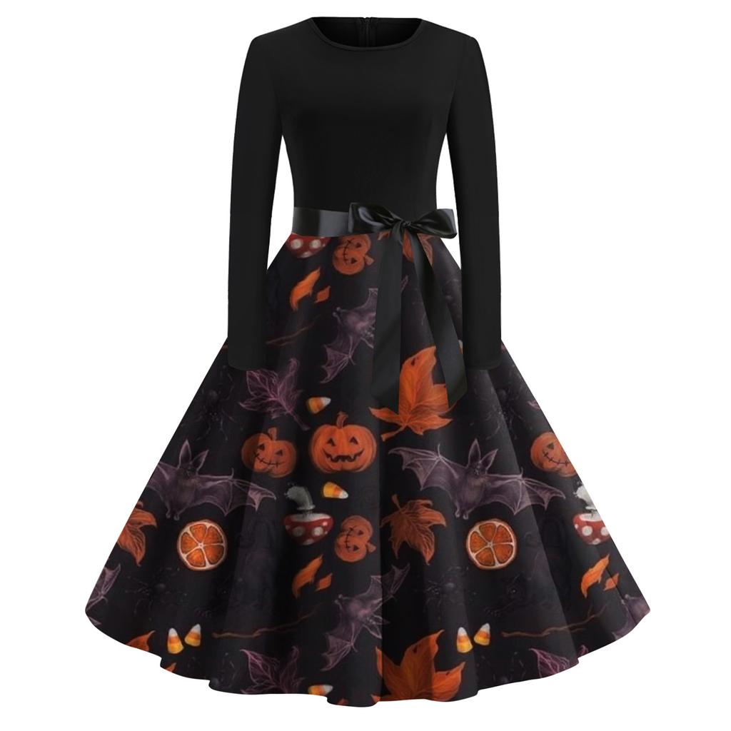Women's Halloween Print Flare Dress For Women Long Sleeve Dress Party Casual Dresses