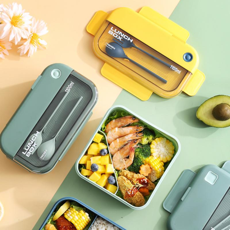 Portable Lunch Box Grid Children Student Office Bento Box with Fork Spoon Leakproof Microwavable Prevent School Food Storage Box