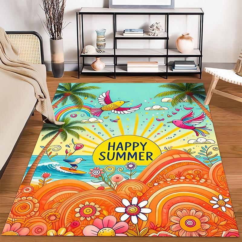 Colorful Cartoon Summer Beach Carpet with Birds and Palm Trees Design Suitable for use as an anti-slip for living room bedroom sofas