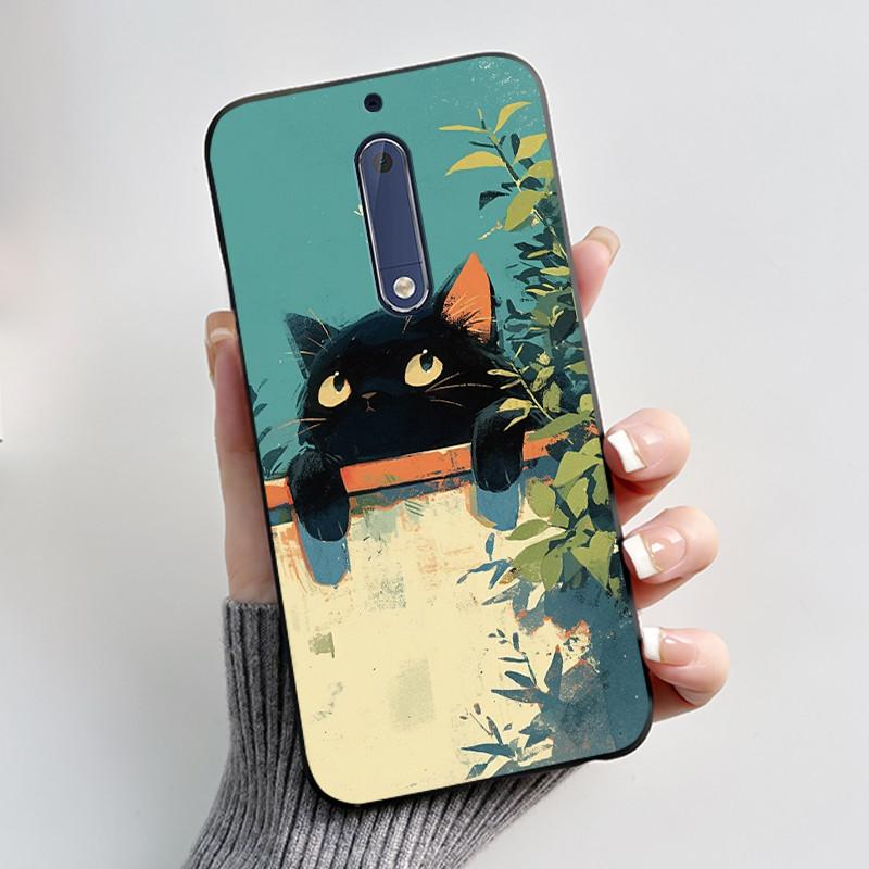 Чехол Для Nokia 5 Эстетичный Модный Милый Кот Мультяшный Черный Мягкий ТПУ Чехол для Телефона Для Nokia 5 Чехол-Бампер TA-1053 TA-1024