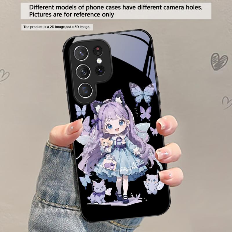 Q-версия Синяя Бабочка Для Samsung Galaxy S20 S21 S22 S23 Plus S24 FE S25 Ultra S26 Edge S25+ S20+ S22+ Черный Стеклянный Чехол для Телефона