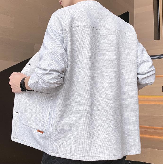 Emptio Simple Long Sleeve Korean Office Slim Half Washable Moe Waffle Light Gray Men's Cardigan, Washable, Warm, Knit, Oversized, Stylish, Wear, Fit,