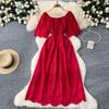 French sweet fairy one-word shoulder hollow embroidery dress, female waist and thin temperament holiday style knee-length dress