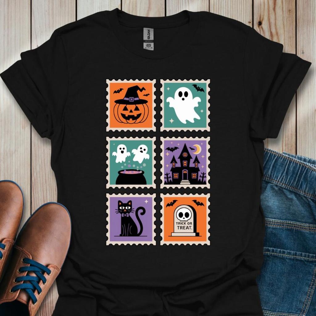 Retro Halloween Ghost Cat TShirt Spooky Witch Haunted House T Shirt Fashion Women T Shirt Tops Short Sleeves Black Tshirt
