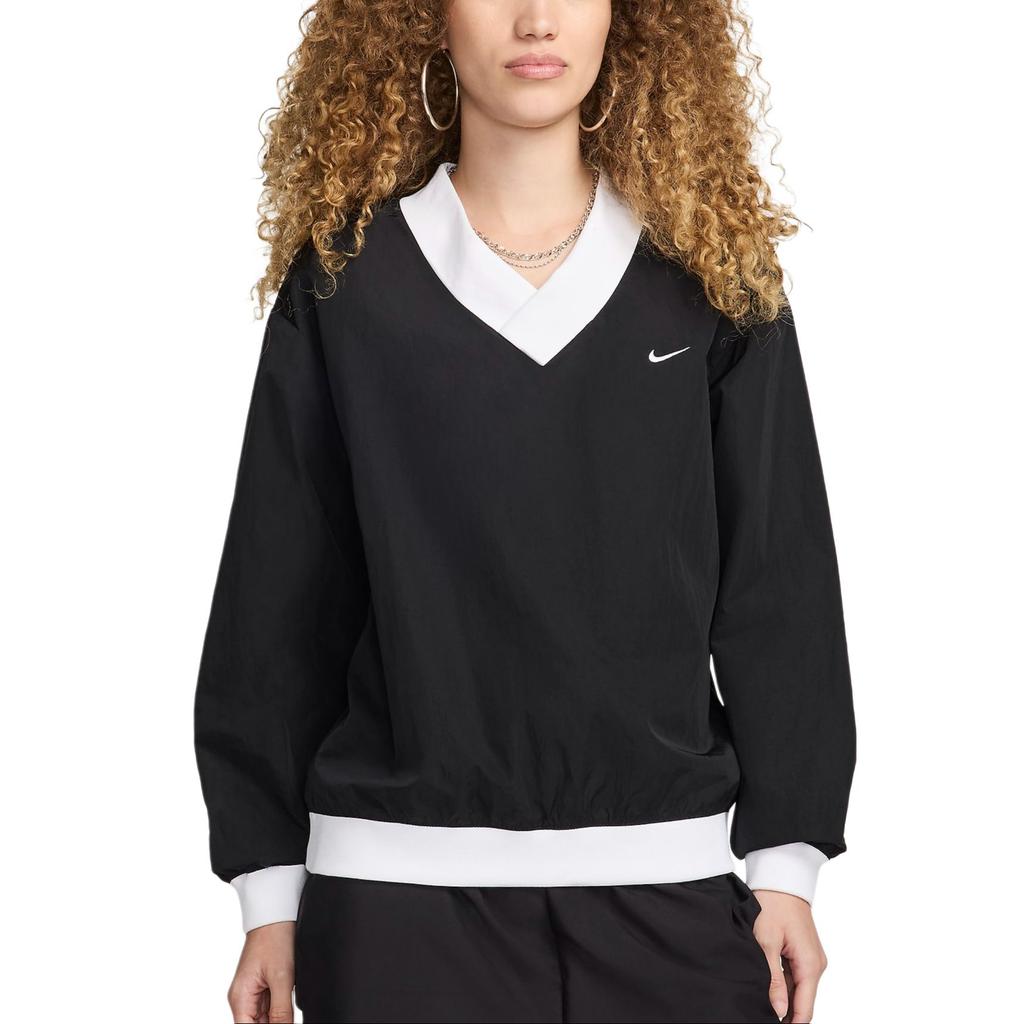 Nike Sportswear Essentials Color Block Loose Lightweight Knit V-Neck Sweatshirt Women Tops Black White FV7649-010