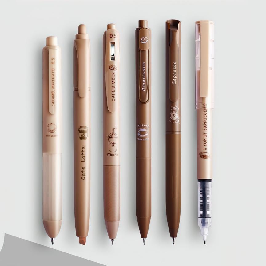 6pcs Coffee Time Gel Pens Highlighter Set 0.5mm Ballpoint Black Color Ink Marker for Writing