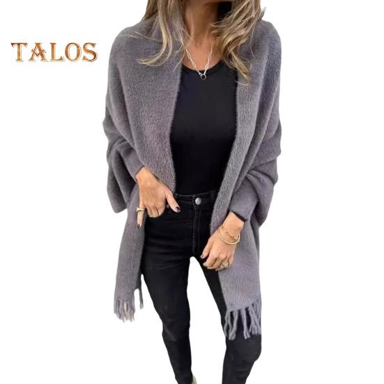 Winter Fall Women Jacket Thick Fleece Fringe Tassel Hem Long Bat Sleeves Open Stitch Cardigan Knitted Fuzzy Mid Length Coat Outdoor Daily Wear Shawl