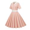 Женское платье с V-образным вырезом и лацканами, однобортное с поясом, трапециевидное, с большими качелями, обтягивающее, с высокой талией, однотонное, в стиле ретро, ​​с короткими рукавами, женское платье-миди в стиле принцессы
