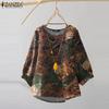 Ethnic Print Casual O-neck 3/4 Sleeve Loose Women Blouse