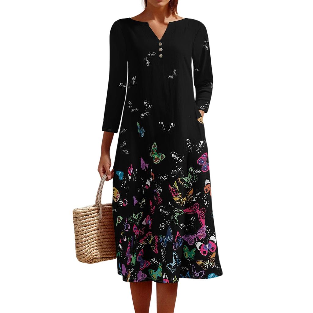 Женское летнее повседневное платье с V-образным вырезом на пуговицах, винтажным цветочным принтом, рукавом три четверти, длинное, с карманами