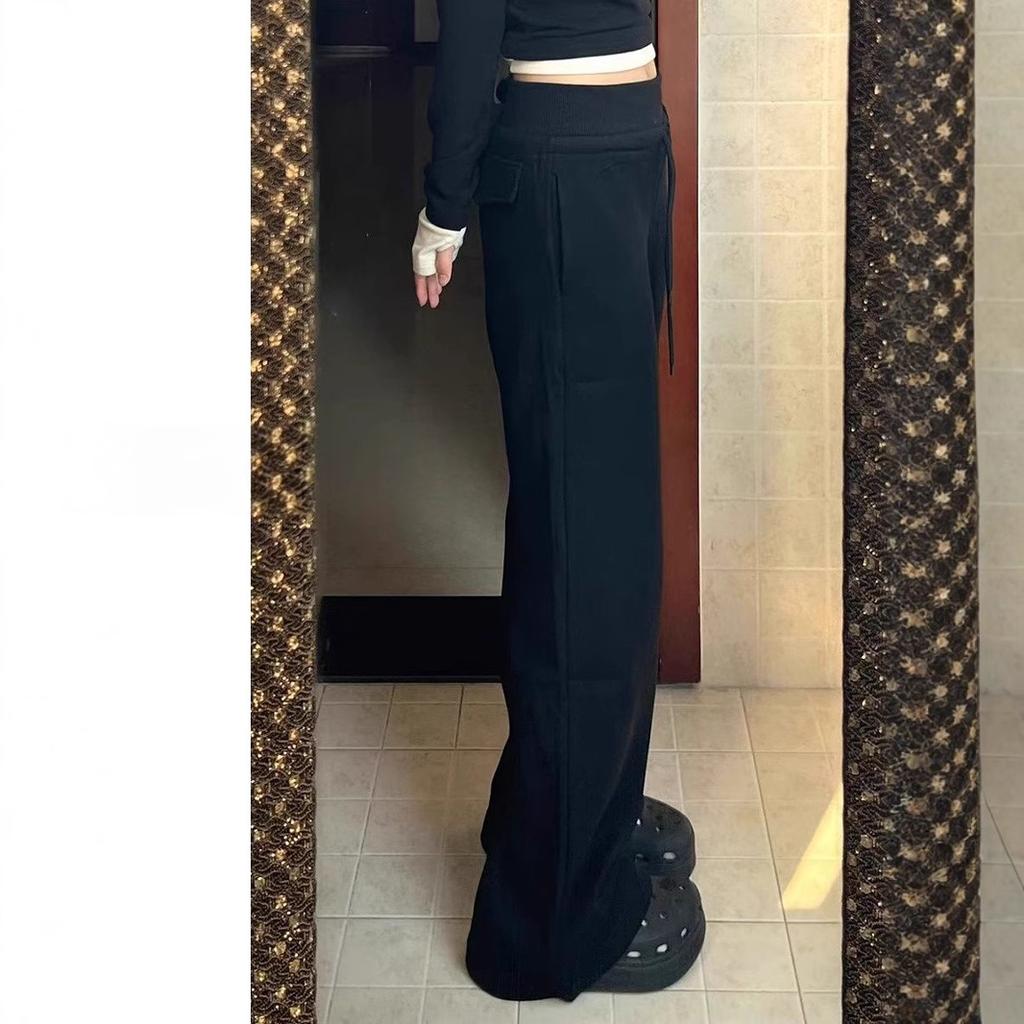 Новые прямые широкие брюки до пола, универсальные повседневные с эластичной резинкой на талии, однотонные стропы на осень и зиму