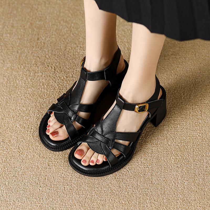 Женские босоножки на высоком каблуке из натуральной кожи, туфли-лодочки, модные туфли с пряжкой 2024 года, новое поступление, летние туфли из натуральной кожи на толстом каблуке для женщин