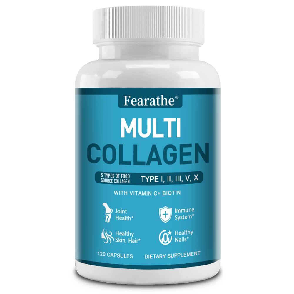 Multi Collagen Complex Capsules Type I II III V X with Vitamin C Biotin Hyaluronic Acid, 120 Capsules