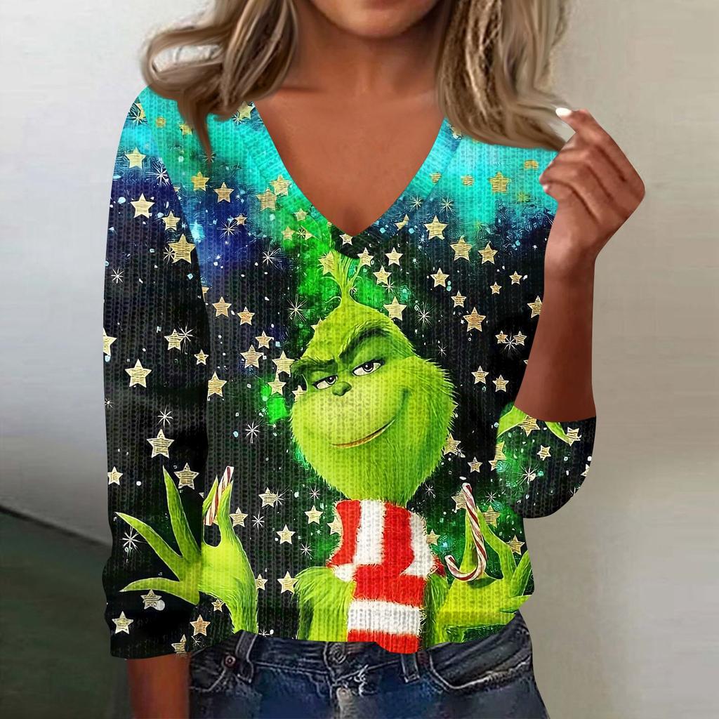Women's Cute Sweatshirt Knitted Fashion Casual V-neck Long-sleeved Cozy Print Top