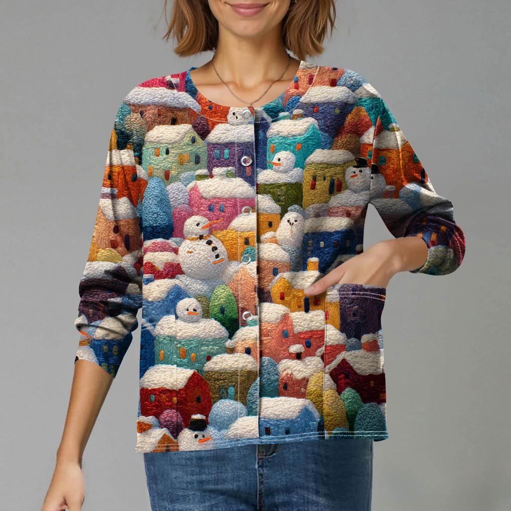 Women's Casual Long-Sleeved Single-Breasted Christmas-Themed Print  Cardigan